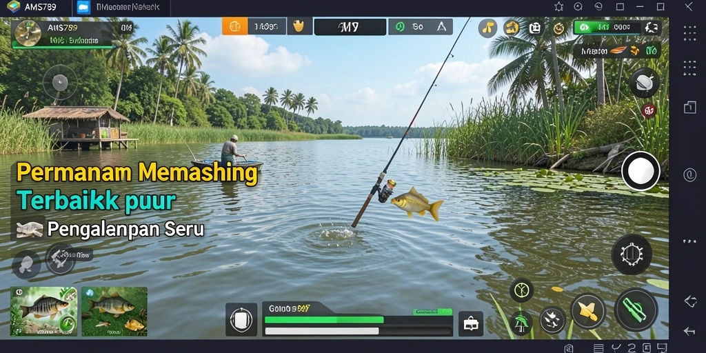 Screenshot gameplay AMS789 menampilkan aksi memancing yang mendebarkan dan tempat yang indah.