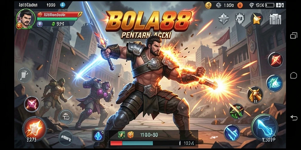 Tampilan gameplay seru dalam BOLA88 dengan karakter bertarung.