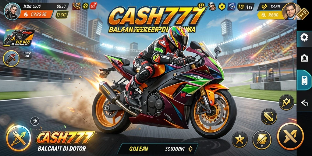 Tampilan gameplay mendebarkan dari CASH777, menampilkan aksi balapan motor yang intens.