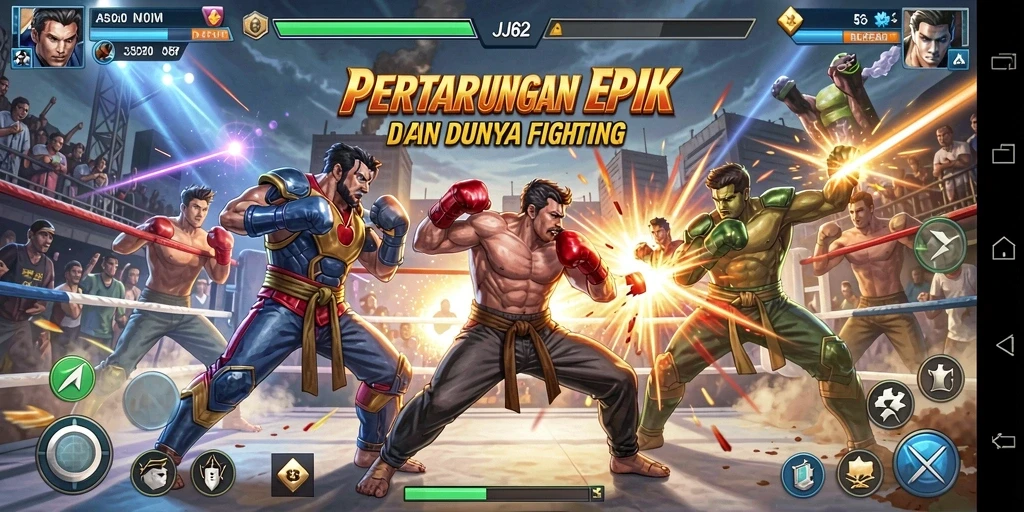 Screenshot gameplay JJ62 menunjukkan pertarungan seru antara karakter.