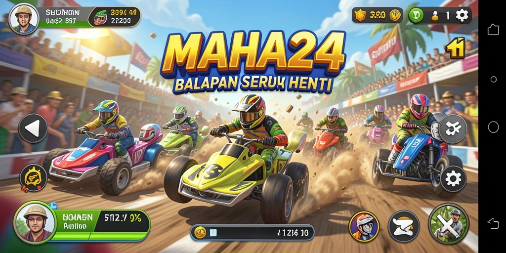 Screenshot gameplay MAHA24 dengan aksi balapan yang ketat dan menegangkan.