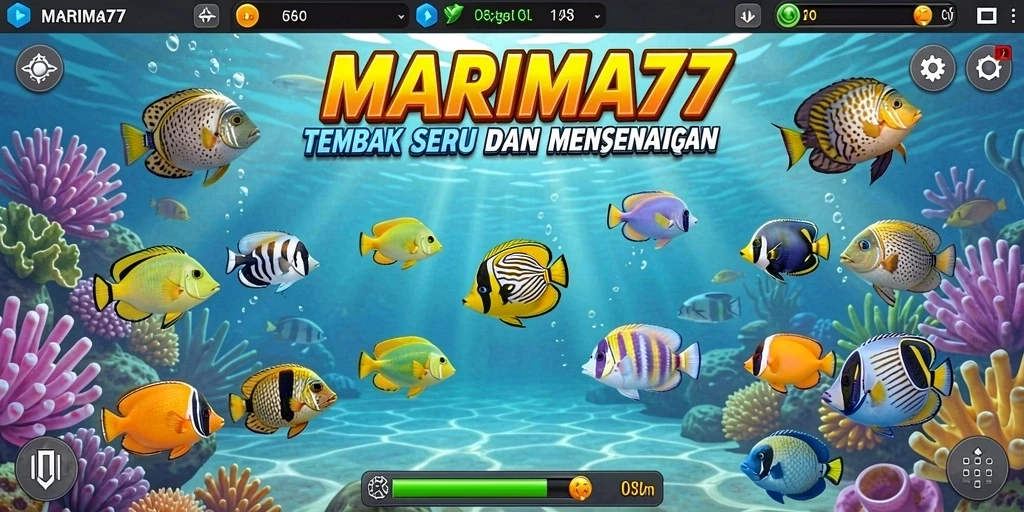 Tangkapan layar gameplay MARIMA77 yang menampilkan aksi tembak ikan.