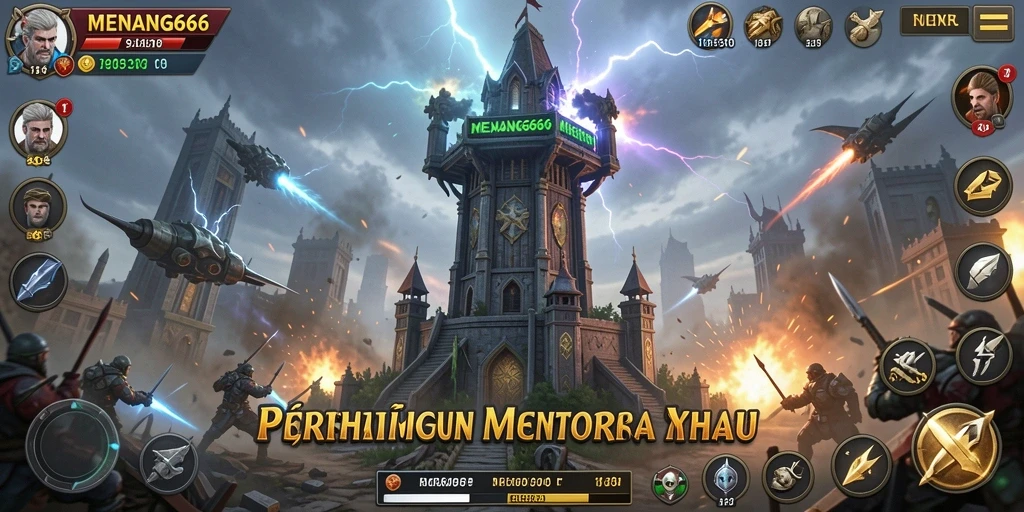 Tampilan gameplay <strong>MENANG666</strong> yang menegangkan dalam pertempuran Tower Defense.